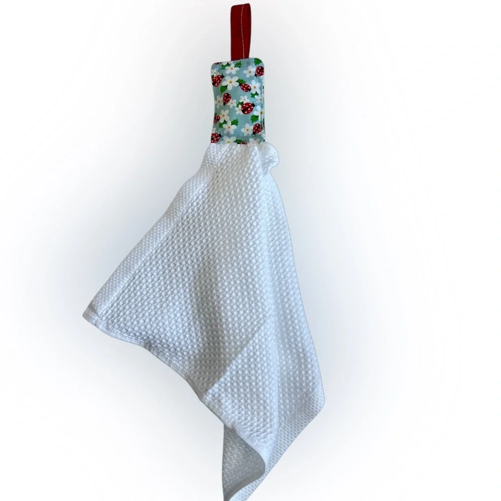Hand Crafted Floral Ladybugs Red and White Hanging Kitchen Towel Cotton